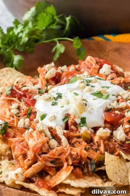 Chicken and salsa topped with sour cream on tortilla chips.