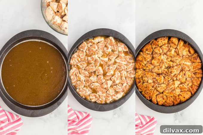 Process shots for baking a cake made of cinnamon rolls.