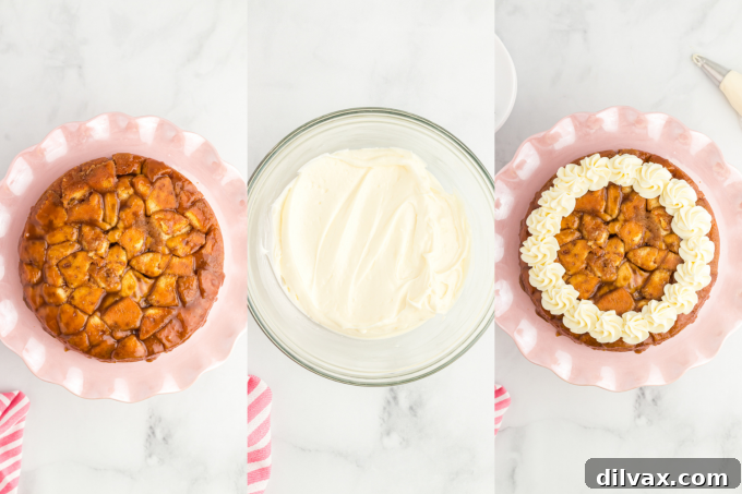 Process shots for frosting a cake made of cinnamon rolls.