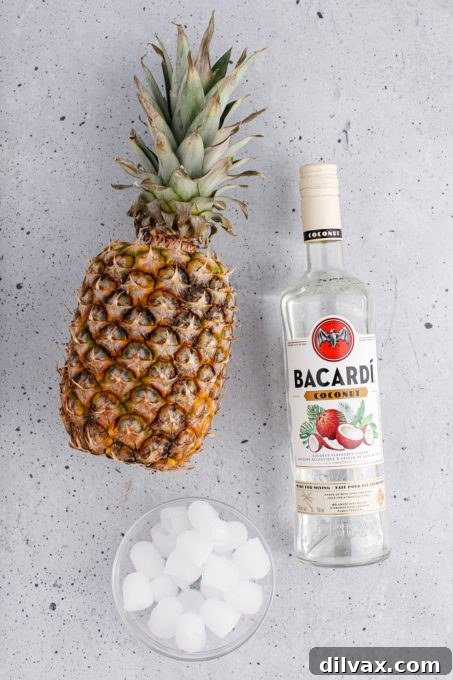 Ingredients for a Pineapple Coconut Rum Slush laid out: ice cubes, fresh pineapple chunks, and a bottle of coconut rum.