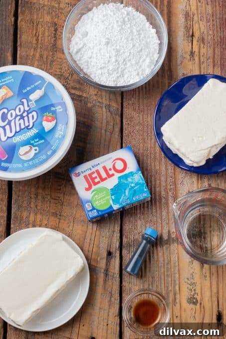 Electric Blue Raspberry Bars 4 A selection of key ingredients laid out on a kitchen counter, ready to be transformed into a blue dessert.