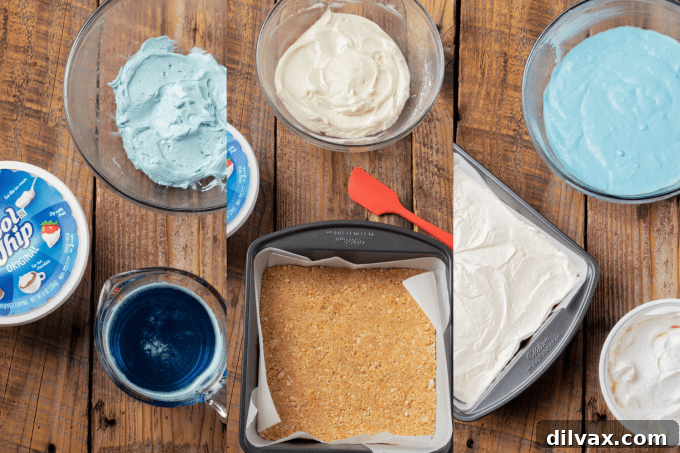 Electric Blue Raspberry Bars 6 A process collage showing the step-by-step creation of Blue Raspberry Dream Bars, from crust to final assembly.