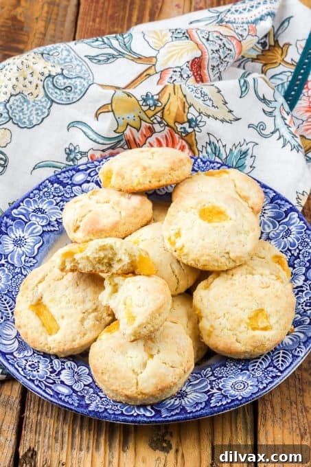 Sun-Kissed Peach Scones 10 Scones made with peaches on a plate.