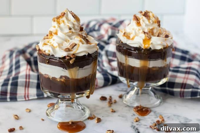 Layers of silken soy chocolate pudding, whipped cream, caramel and pecans.