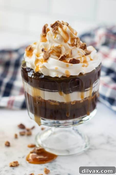 Chocolate Pudding made with tofu, caramel, pecans and whipped topping for an easy and fast dessert.