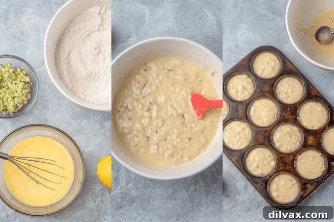 Process steps for making Zucchini Lemon Muffins.