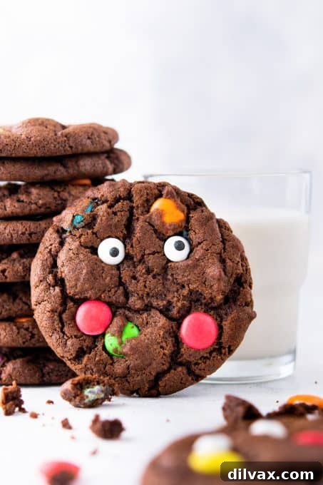 Close-up of Halloween Monster Cookies on a baking sheet.