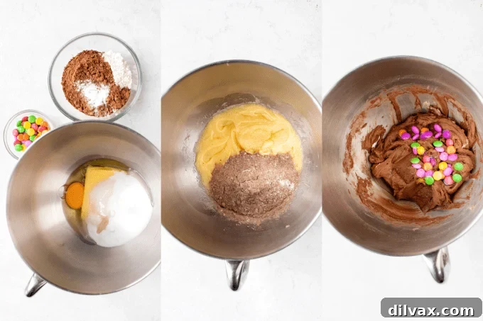 Step-by-step process photos showing how to make Halloween Monster Cookies.