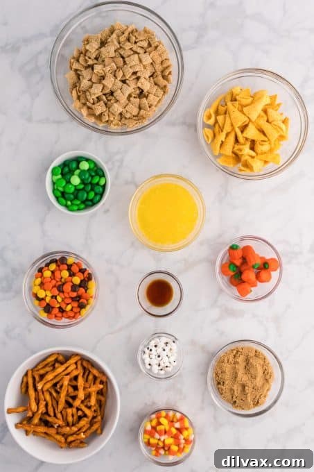 Ingredients for an easy party mix recipe.