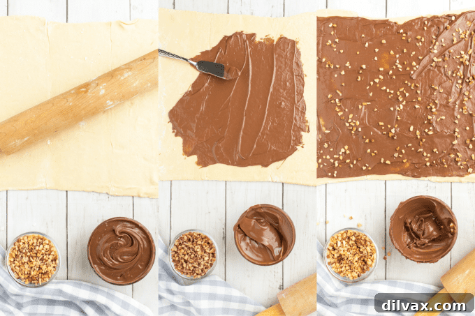 Decadent Nutella Twists 5 Process shots for making Nutella Knots, showing spreading Nutella and adding top pastry layer