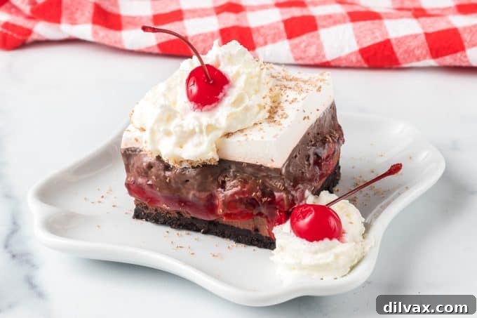 Enchanted Forest Cherry Bars 2 Dream Bars with a cookie crust, chocolate cheesecake, chocolate pudding, and whipped topping.