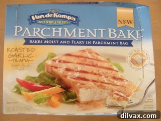 Mrs. Paul's and Van de Kamp's Parchment Bake Tilapia fillets on a baking sheet, ready for the oven