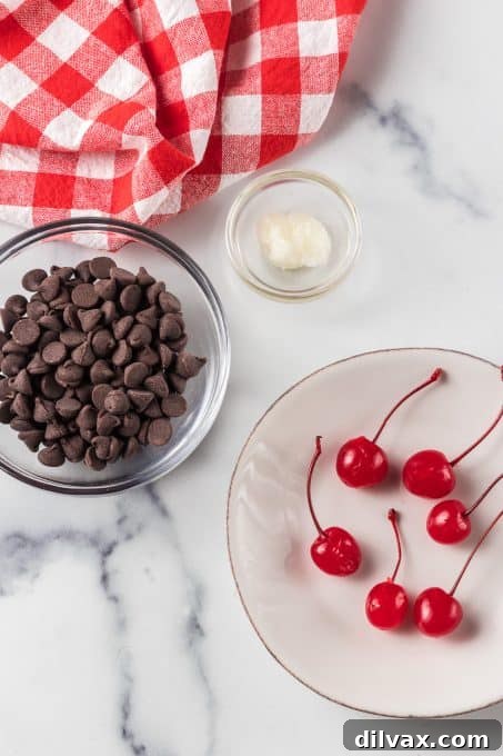 Decadent Three Ingredient Chocolate Covered Cherries 4 The three simple ingredients: maraschino cherries, chocolate chips, and coconut oil.
