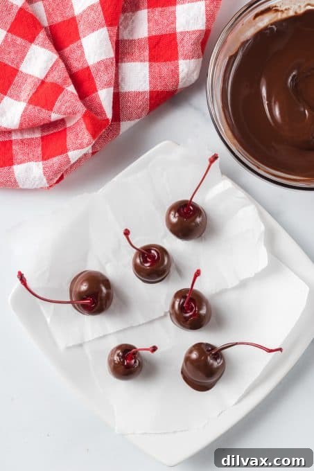 Decadent Three Ingredient Chocolate Covered Cherries 7 A tray of chocolate dipped cherries, glistening as they set on parchment paper.