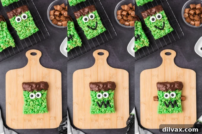 Putting the finishing touches on Frankenstein Halloween Monster Treats.