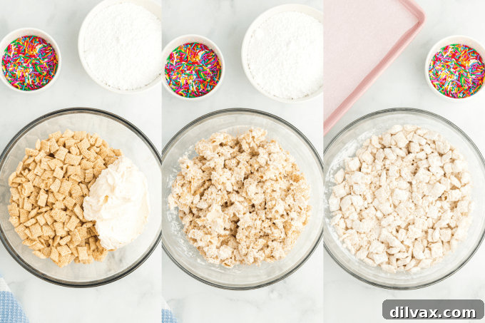 Simple Funfetti Snack Mix 6 Step-by-step process of making Funfetti Puppy Chow.