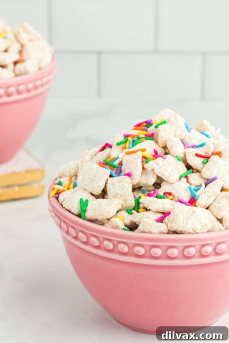 Simple Funfetti Snack Mix 9 A bowl of easy Funfetti snack mix ready to be served.