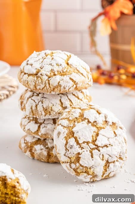 Close-up of baked Pumpkin Crinkle Cookies on a cooling rack, showcasing their beautiful crinkled tops.