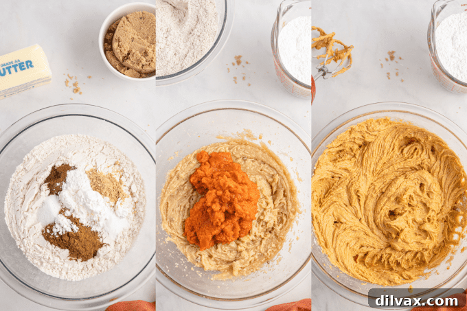A step-by-step visual guide showing the process of mixing pumpkin cookie batter in a bowl.