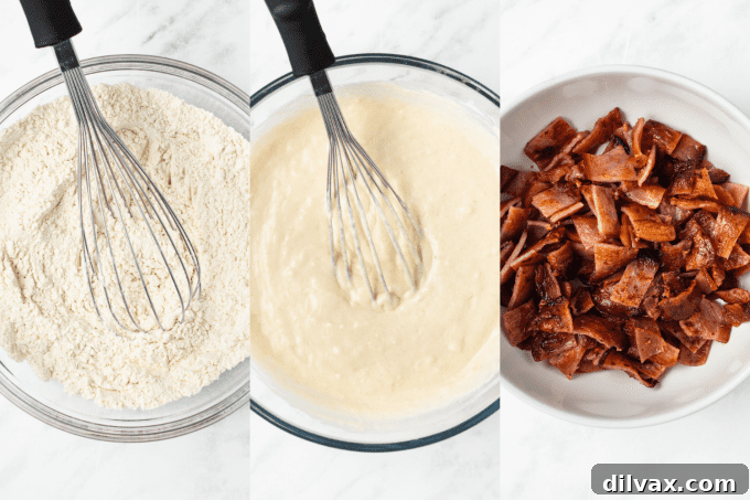 A visual guide showing the process of cooking bacon, mixing batter, and frying pancakes for Bacon Pancakes.
