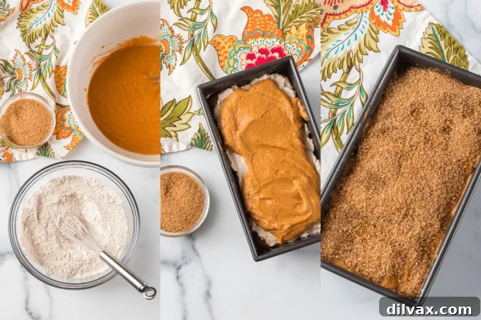 Pumpkin Cheesecake Bread 5 Step-by-step process photos showing the making of Pumpkin Bread with a cream cheese swirl.