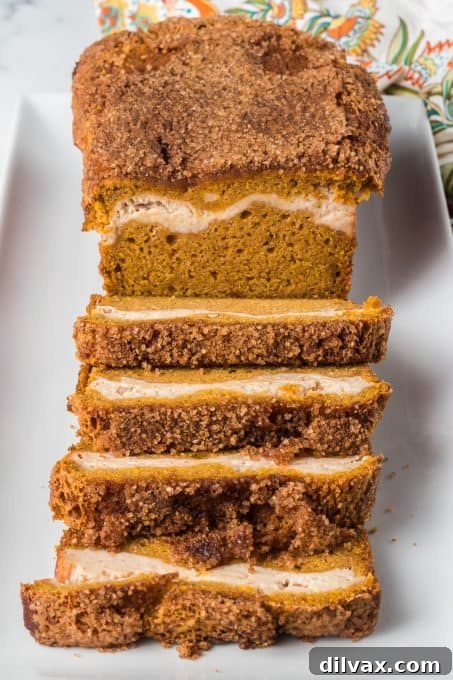 Pumpkin Cheesecake Bread 8 Several slices of Pumpkin Bread featuring a distinct and creamy sweet cream cheese filling.