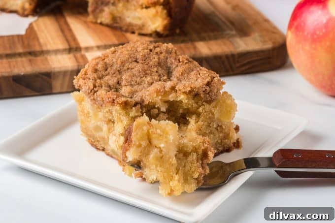 Spiced Apple Streusel Cake 2 A slice of apple crumb cake with a bite taken out, showcasing the cinnamon streusel topping and moist apple-filled interior.