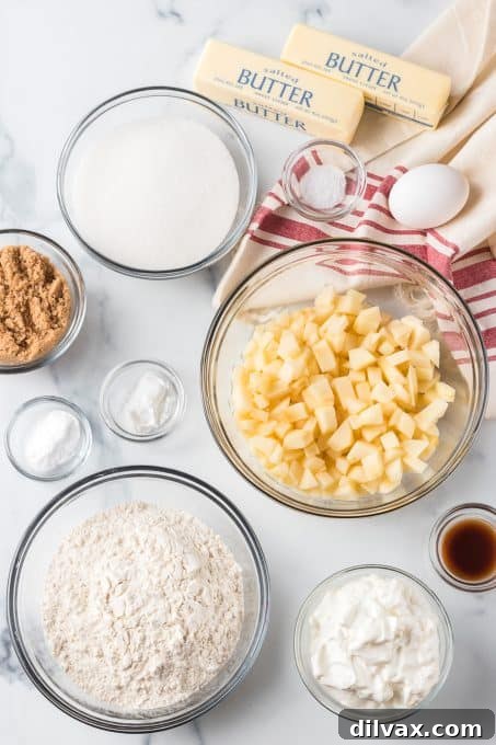 Spiced Apple Streusel Cake 4 Collection of fresh ingredients arranged for making an Apple Crumb Cake, including flour, sugars, butter, eggs, apples, and spices.