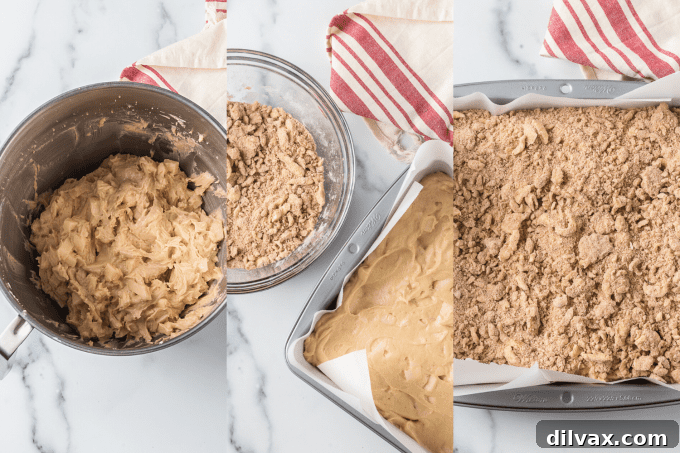 Spiced Apple Streusel Cake 6 Step-by-step process photos showing how to mix the batter and prepare the streusel topping for an Apple Crumb Cake.