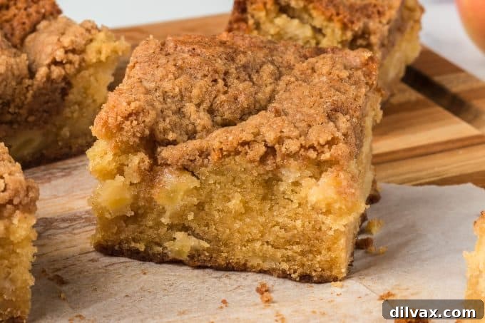 Spiced Apple Streusel Cake 10 A perfectly sliced piece of Apple Crumb Cake, revealing the moist interior with apple pieces and a generous streusel topping.