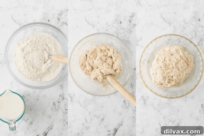 Emerald Isle's Easiest Soda Bread 5 A series of four process photos showing the steps of mixing and shaping Irish Soda Bread dough