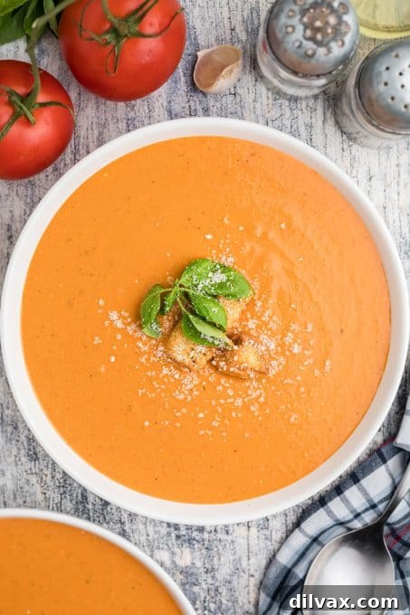 Effortless Instant Pot Tomato Basil Bliss 3 Instant Pot Tomato Basil Soup garnished with fresh herbs