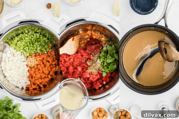 Effortless Instant Pot Tomato Basil Bliss 5 Process photos showing steps for making Tomato Soup in the Instant Pot