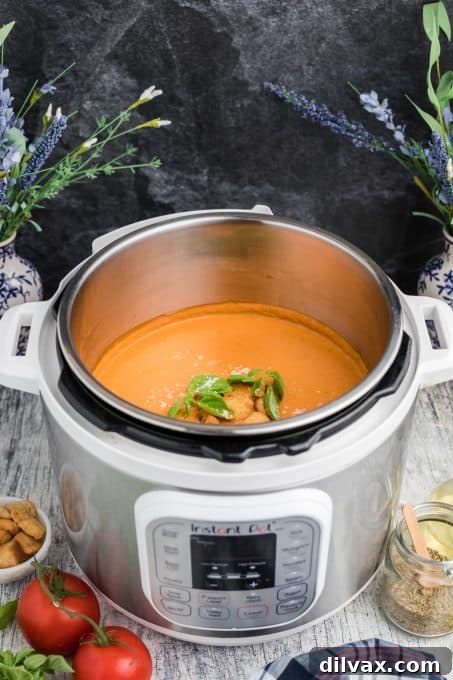 Effortless Instant Pot Tomato Basil Bliss 8 An Instant Pot filled with Tomato Basil Soup before serving