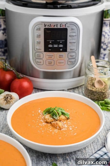 Effortless Instant Pot Tomato Basil Bliss 9 Tomato Soup simmering in an Instant Pot.
