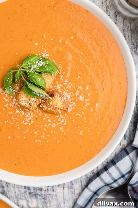 Effortless Instant Pot Tomato Basil Bliss 10 An Instant Pot version of creamy tomato soup served with croutons.