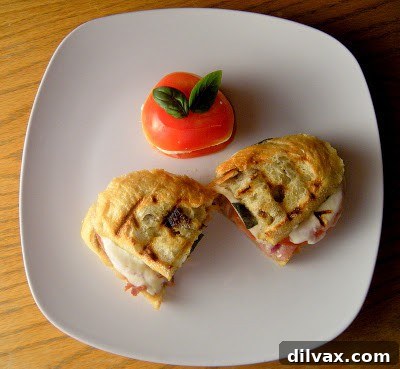 Freshly grilled panini sandwich with mozzarella, tomato, and prosciutto visible between the bread slices.