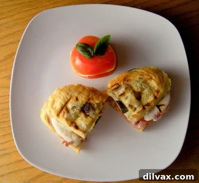 Prosciutto Mozzarella Panini with Fresh Tomato and Basil 2 Freshly grilled prosciutto, mozzarella, tomato, and basil panini, golden brown and perfectly melted.