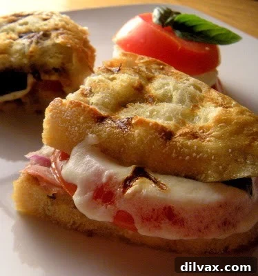 Prosciutto Mozzarella Panini with Fresh Tomato and Basil 3 Close-up of a half-eaten prosciutto mozzarella tomato basil panini showing the melted cheese and layers of ingredients.