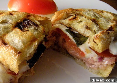 A close-up of a sliced panini, showcasing the layers of melted mozzarella, red onion, tomato, and basil.