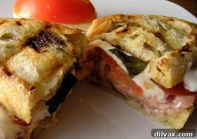 Prosciutto Mozzarella Panini with Fresh Tomato and Basil 5 Another angle of a finished, golden brown panini.