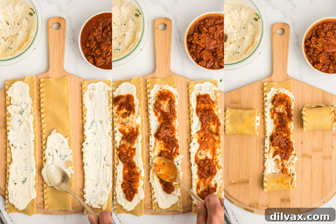 Rolled lasagna noodles being threaded onto wooden skewers.