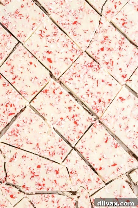 Crushed candy canes sprinkled generously on top of a pristine white chocolate layer, ready for the holidays.