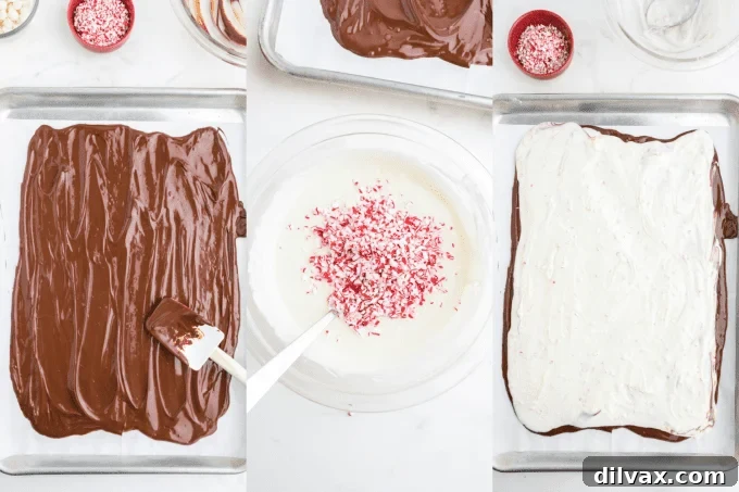 Step-by-step process for making holiday bark candy, showing melted chocolate layers and crushed peppermints.