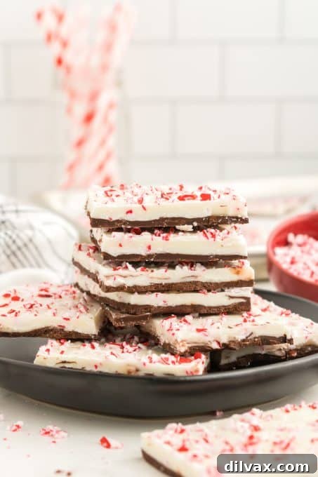 A close-up view of peppermint bark featuring distinct white and semi-sweet chocolate layers, topped with crushed candy canes.