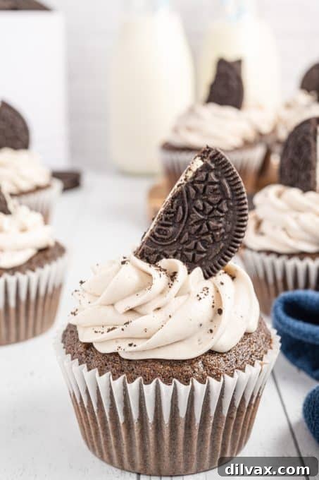 Homemade Chocolate Oreo Cupcakes arranged beautifully on a serving tray.