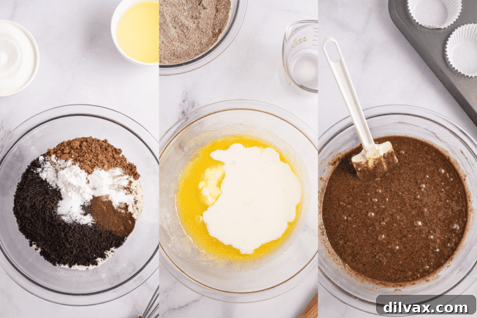 Step-by-step process photos demonstrating how to make Chocolate Oreo Cupcakes from scratch.