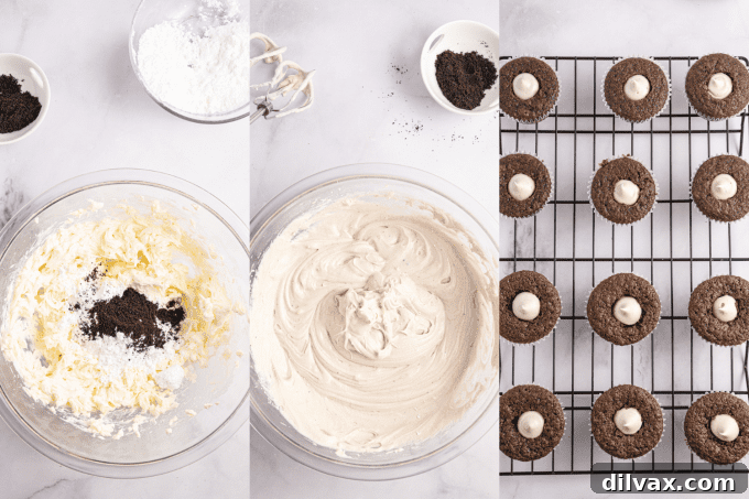Process photos illustrating the creation of delicious Oreo Cream Cheese Frosting.