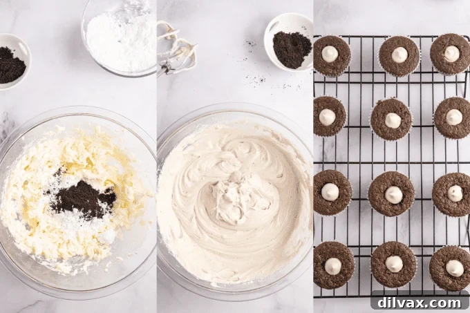 Process photos for making Oreo Cream Cheese Frosting.