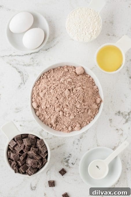 Decadent Brownie Cookies 4 Ingredients laid out for making Brownie Mix Cookies: brownie mix, flour, eggs, oil, water, and chocolate chunks.